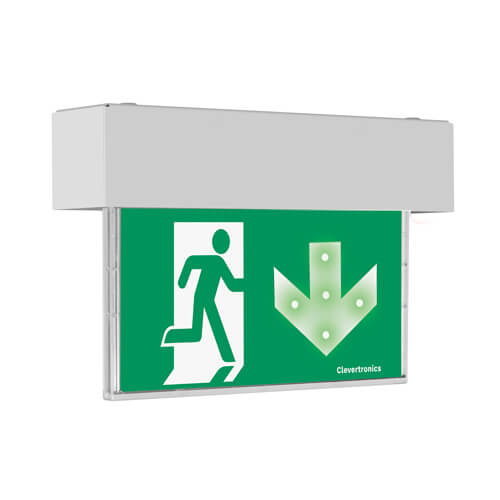 CleverEvac Dynamic Green Exit, Ceiling Mount, CLP, Running Man Arrow Down, Single Sided